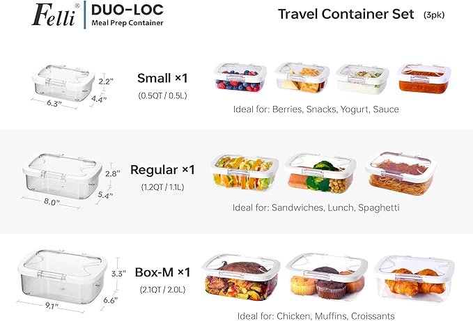Felli Duo Loc Lunch Meal Prep Containers Microwave Safe Tritan Plastic BPA FREE, Leak Proof Food Storage Container for Leftovers Kitchen Fridge Freezer, Reusable On the Go Travel Box (Beginner 3pk)