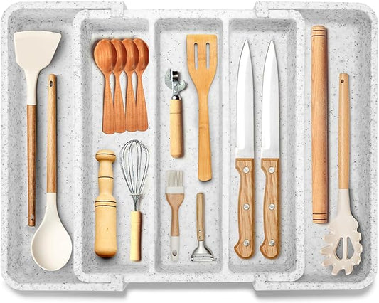 Utensil Drawer Organizer for Kitchen Cutlery, Expandable Large Silverware Organizer, Adjustable Cooking Utensil Tray, Plastic Spatula Tools and Gadgets Storage Divider, Marble Design, White