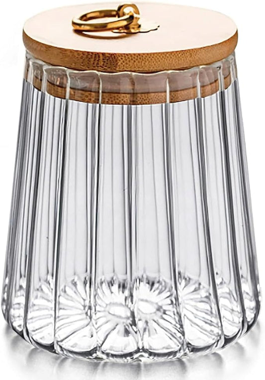 Strip Pattern Clear Glass Candy Jar with Bamboo Lid,Food Storage Jar,Glass Jar with Lid,Coffee Sugar Canister Airtight Storage Container (Conical)