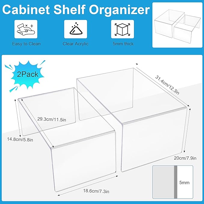 Acrylic Cabinet Organizer Shelf, 2 Pack Spice Rack Pantry Countertop Desk Organizers Display Shelves for Kitchen, Display Pantry Spice Organization for Cabinet, Plate Organizer for Cabinet Space Save