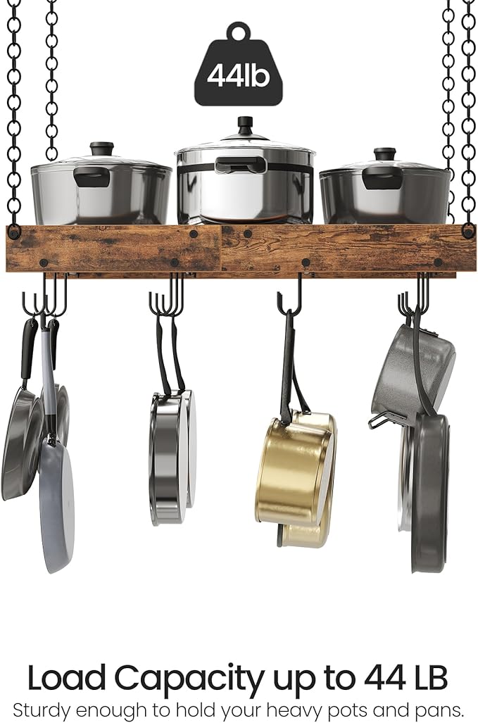 Hanging Pot Rack, Vintage Pot Hangers for Kitchen, Ceiling Mounted Pot Rack, Pot and Pan Hanging Rack with 12 S-Shaped Hooks, for Cookware Storage, Rustic Brown and Black TPR01BF