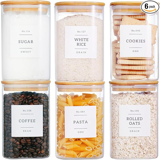 6 Pack Square Glass Kitchen Storage Jars with Airtight Bamboo Lids and 132 Pantry Labels - 35oz Glass Canisters With Wood Lids - Glass Food Storage Containers for Coffee, Cookie, Tea, Spice