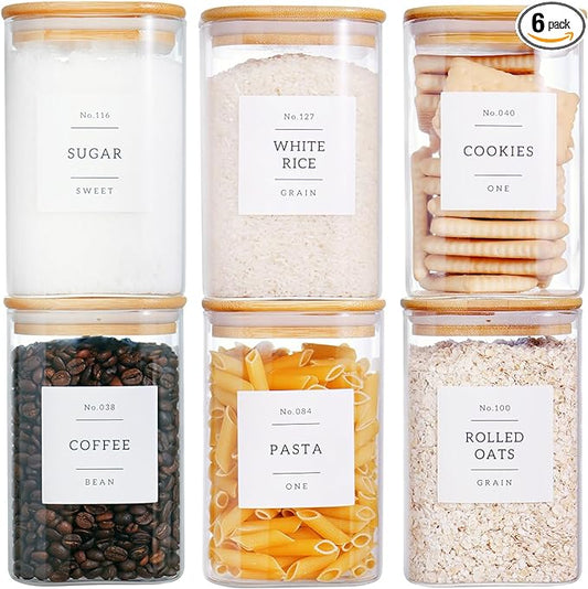 6 Pack Square Glass Kitchen Storage Jars with Airtight Bamboo Lids and 132 Pantry Labels - 35oz Glass Canisters With Wood Lids - Glass Food Storage Containers for Coffee, Cookie, Tea, Spice