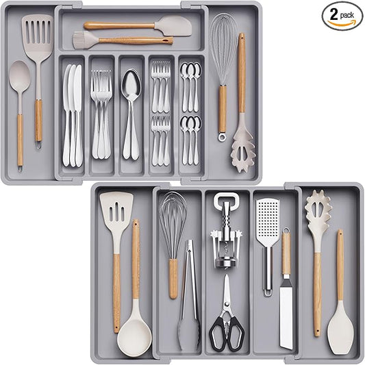 Lifewit Silverware Drawer Organizer and Utensil Organizer Set, Expandable Cooking Cutlery Tray for Kitchen, Adjustable Plastic Flatware Holder Storage Divider for Spoons Forks Knives, Large, Gray