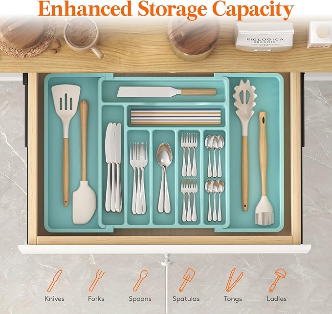 Lifewit Silverware Drawer Organizer, Expandable Utensil Organizer for Kitchen Drawers, Adjustable Cutlery and Flatware Tray, Plastic Spoons Forks Knives Holder Storage Dividers, Large, Turquoise