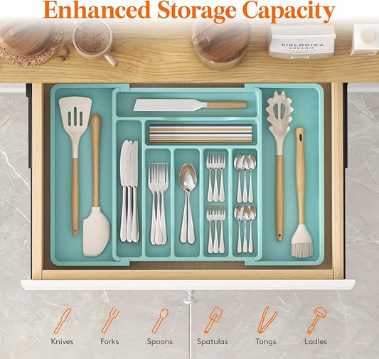 Lifewit Silverware Drawer Organizer, Expandable Utensil Organizer for Kitchen Drawers, Adjustable Cutlery and Flatware Tray, Plastic Spoons Forks Knives Holder Storage Dividers, Large, Turquoise