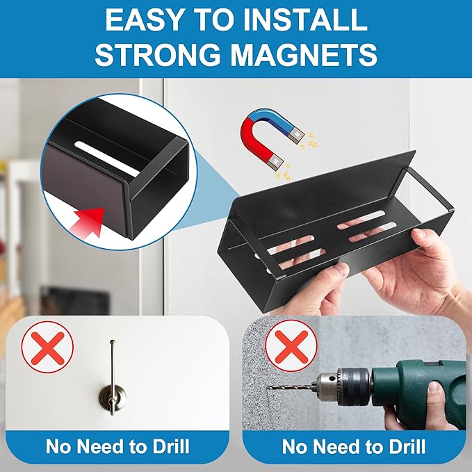 Magnetic Spice Rack for Refrigerator, 2 Pack Moveable Fridge Magnetic Spice Racks, Strong Metal Magnetic Shelves for Refrigerator and Microwave Oven, Black