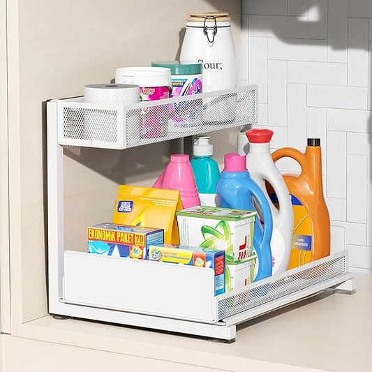 Under Sink Organizer and Storage, 2 Tier Pull Out Cabinet Organizer, Slide Out Under Sink Storage Shelf, Undersink Organizers Shelves for Kitchen Bathroom Pantry Organization (White)