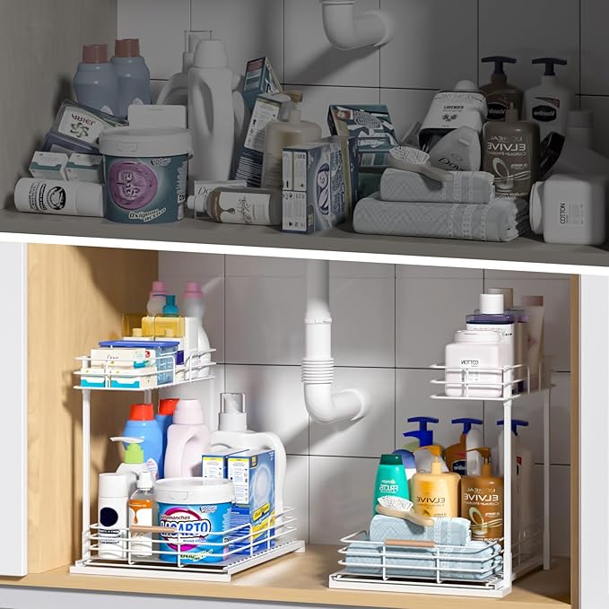 LAMU 2Pack Under Sink Organizers and Storage, 2 Tier Bathroom Kitchen Cabinet Organizers and Storage, Pull Out Under Sink Storage Kitchen Shelf Organizer for Under Counter Storage Organizer, White