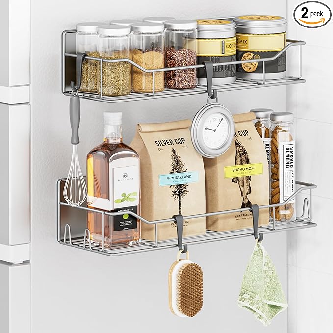 Magnetic Spice Rack for Refrigerator, 2 Pack Strong Magnet Spice Organizer Shelves with Hooks, Magnetic Fridge Shelf for Kitchen Organization and Storage, Seasoning Organizer Gadgets (Grey)