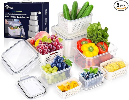 HOTEC 5-Pack Large Fruit Storage Container with Removable Colander, Dishwasher & microwave safe Largest 4.15L