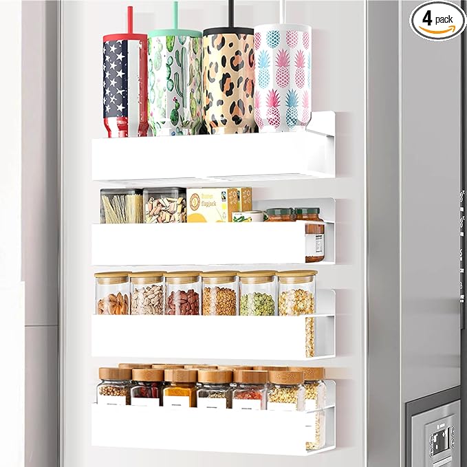 Magnetic Spice Rack Organizer for Fridge Seasoning Organizer for Kitchen storage with Screw or Adhesive Hanging,Magnetic Shelf with Hook for Refrigerator and Oven (White, 4pack)