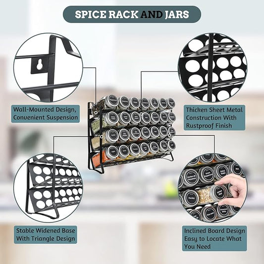 VITEVER Spice Rack with 28 Spice Jars, Organizer for Cabinet, Spice Jars with Labels, Chalk Marker and Funnel, 4 Tier, Countertop, Pantry, Cupboard, Door or Wall Mount, Black