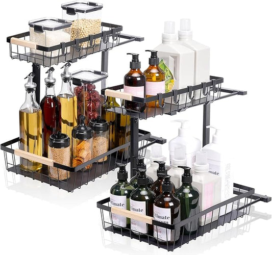 2 Pack Under Sink Organizer, Sliding Cabinet Basket Organizer 2 Tier Under Bathroom Storage Rack with Hooks, Hanging Cup, Dividers, Multi-purpose Storage Shelf for Bathroom Kitchen, Black