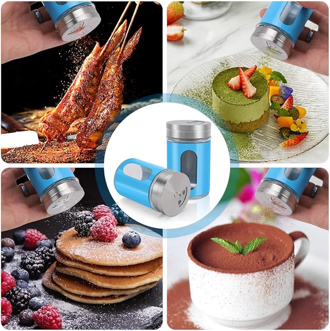 Accmor 2pcs Salt and Pepper Shakers,Stainless Steel Shaker for Salt Powder Sugar Cinnamon Pepper, Spice Dispenser with Adjustable Pour Holes,Blue