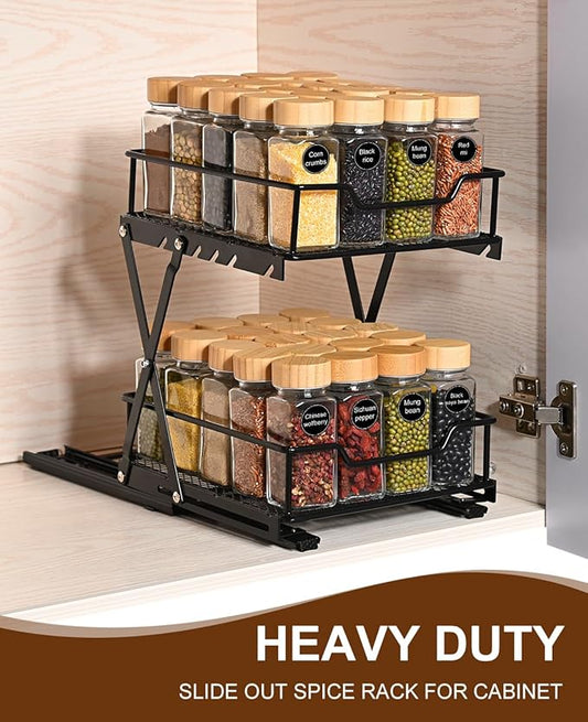 Sliding Spice Rack Organizer for Cabinet, 2-Tier Spice Cabinet Pull Out Rack, Adjustable Height Kitchen Sliding Racks for Cabinets, 6.2”-11.8”H × 8.2”W x 9.8”D