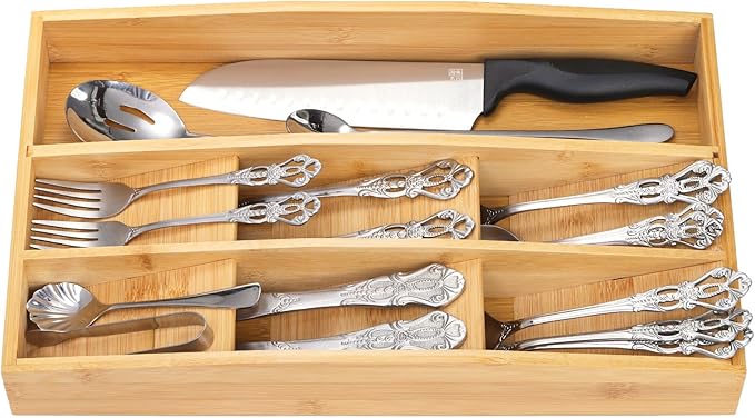 Hiceeden Bamboo Silverware Drawer Organizer, 7 Slots Kitchen Flatware Organizer, 15.7" x 9.4" x 2.4" Drawer Silverware Tray Utensil Cutlery Holder Dividers for Knives, Forks, Spoons