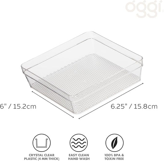 Oggi Clear Drawer Organizer - 6" X 6.25"- Ideal for Organizing Kitchen Drawers, Office, Desk, Silverware, Kitchen Utensils, Cosmetics and Bathrooms