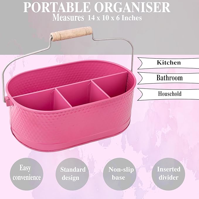 Alpha Living Home - Rustic Utensil Caddy – Metal & Wood Flatware Organizer with Handle – Silverware Holder for Kitchen Countertop, Picnic, BBQ, Parties – 4 Compartments – Bright Pink