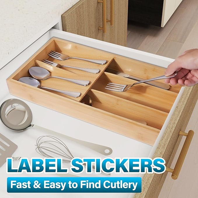 Bamboo Silverware Drawer Organizer, Kitchen Utensil Tray Holder Organizer, Drawer Storage Organization for Flatware, Cutlery, Spoon, Forks and Knives 5 Slots