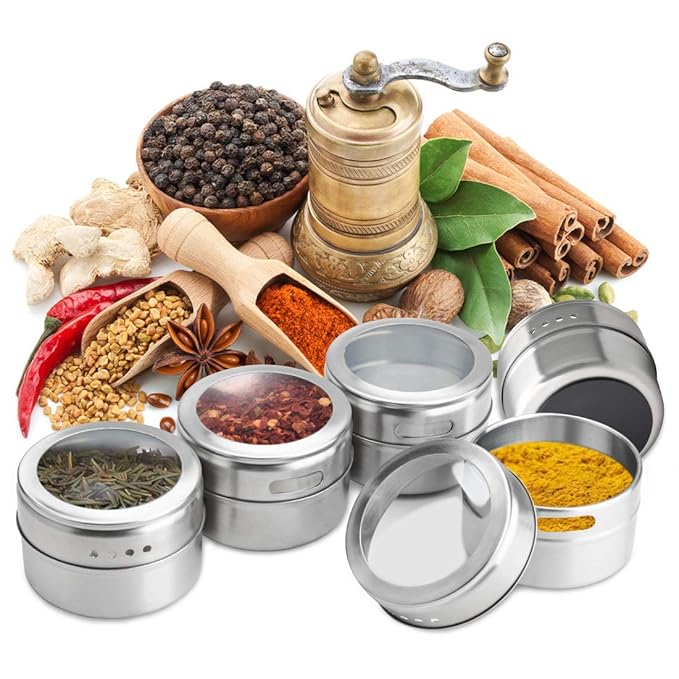Magnetic Spice Tins 12pcs,Stainless-Steel Magnetic Spice Container Magnetic Spice Jars Easy to Clean and Rust Free Includes 120 Labeling Stickers