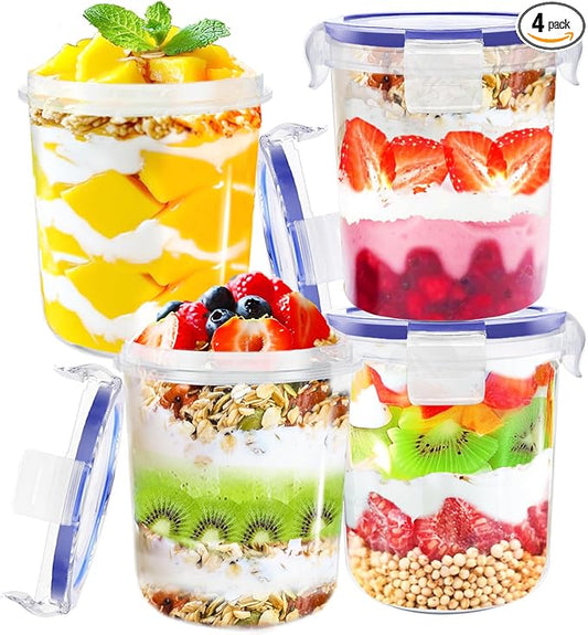 Szsrcywd 4 Pcs Overnight Oats Containers with Lids,16 oz Plastic Oatmeal Prep Container Jars,Reusable Cereal Yogurt Fruit Storage Cups for Breakfast Lunch Picnics