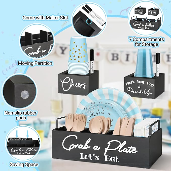 Paper Plate Holders with 2 Cup Holders and 2 Markers, Wood Utensil Holder for Party, Kitchen Paper Plate Dispenser for Counter, Disposable Plate Organizer, Silverware Holder for Cup, Plate, Napkin