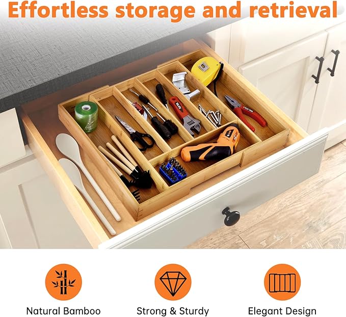Expandable Bamboo Drawer Organizer for Utensils Holder, Drawer Dividers Organizer for Silverware, Flatware, Knives in Kitchen, Bedroom, Living Room as Housewarmings, Wedding, Bridal Shower Gifts