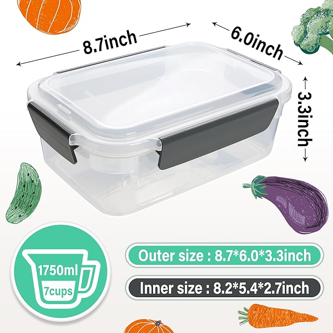 YORY 7 cup Plastic Food Storage Containers with Lids Nestable Freezer Dishwasher Safe Rectangle Meal Prep Container Set,5-Pack