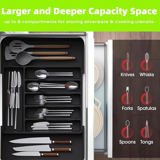 Flatware Organizers - Kitchen Drawer Organizer for Utensils and Silverware Expandable Silverware Holder and Cutlery Tray Black Kitchen Decor and Accessories Large Storage Capacity