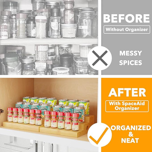 SpaceAid Bamboo Spice Rack Organizer for Cabinet, Kitchen Pantry Spices Storage Rack for Cabinets Organization, Home Seasoning Tiered Can Goods Racks Wood Shelf Organizers (3 Tier, Natural)