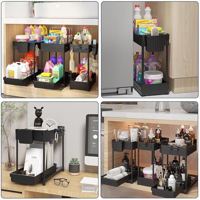 3 Sets of Under Sink Organizers, 2-Tier Multi-Use Kitchen and Bathroom Organizers and Storage with Sliding Drawers，Bathroom Cabinet Organizer (Black)