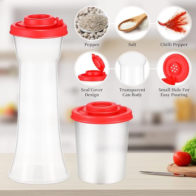 EBOOT 4 Pcs Salt and Pepper Shaker Set Hourglass Picnic Salt and Pepper Shakers Plastic Airtight Spice Jar Dispenser with Lids for Camping Outdoors Kitchen Lunch(Red)