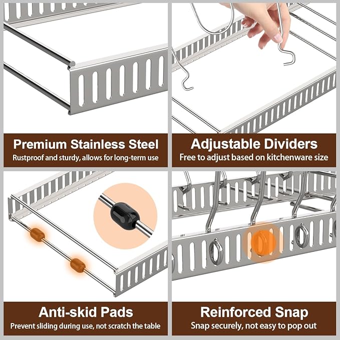 Pot and Pan Organizer Rack for Cabinet, Stainless Steel Expandable Pot Lid Organizer with 14 Adjustable Dividers, Pot and Pan Holder Rack Storage Organizer for Kitchen, Silver
