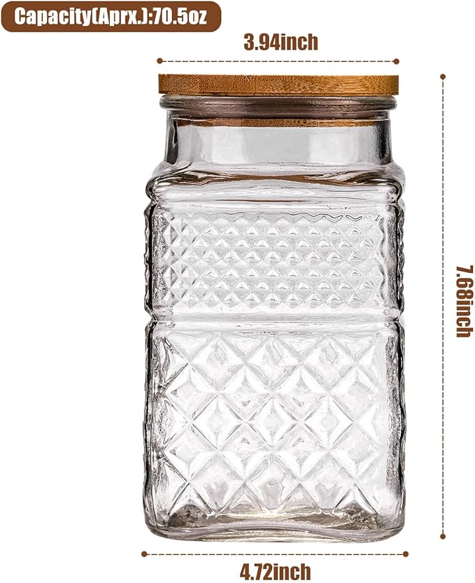 WHJY Glass Storage Container with Lid, Airtight Glass Jars, Farmhouse Tea Canister, Dog Treat Jar for Pet, Glass Candy Cookies Coffee Canister Jar Bath Salt Container - Square 67 oz