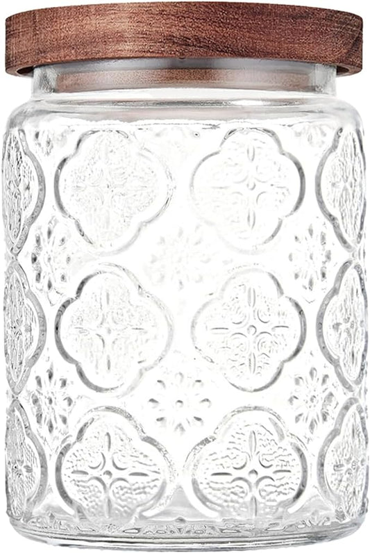 Glass Storage Jars With Airtight Lid, 23.7oz Container For Kitchen Counter with Wooden Lid, brown sugar, candy, coffee, cookie, salt, tea, cute Jar (Begonia Flowers*1)