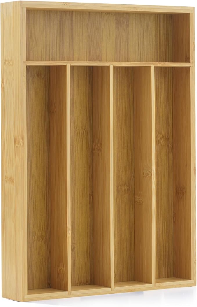 JoyJolt Bamboo Drawer Organizer for Kitchen Utensils, Drawer Divider for Large Cutlery and Silverware, Flatware Holder Tray, 5-Compartment Silverware Organizer, Garage Kitchen & Junk Drawer Organizer