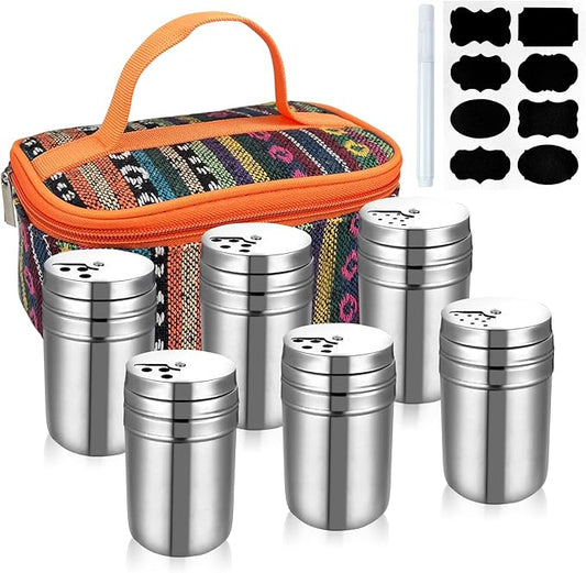 6Pcs Stainless Steel Spice Shaker, Camping Spice Kit with Travel Bag, Salt and Pepper Shakers Set For Salt Sugar Spice Dry Herb Spice, for Home or Outdoor Use