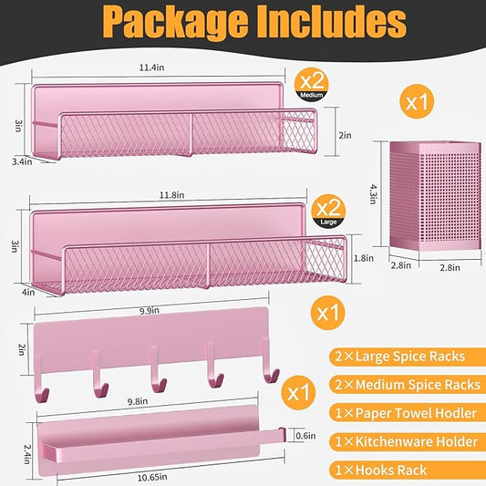 Pink Metal Spice Rack for Refrigerator, 7 Pack Moveable Organizer with Hook Rack, Paper Towel Holder, Strong Magnetic Storage