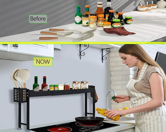 Over Stove Spice Shelf for Kitchen Spice Rack Organizer with Extra Black Basket and Hooks Great for Stove Top Shelf