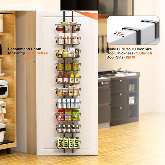 10 Tier Over the Door Pantry Organizer, Over the Door Spice Rack with Adjustable Baskets, Metal Hanging Door Pantry Organizers and Storage for Kitchen Bathroom Bedroom, Black