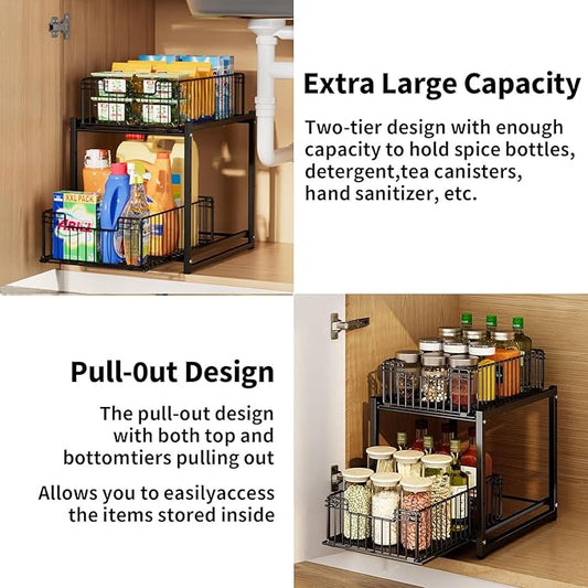 Under Sink Organizer, 2-Tier Pull Out Cabinet Organizer, Kitchen Bathroom Organizer and Storage, Spice Rack for Kitchen, Multi-use Sliding Drawers Shelves (1 Pack)