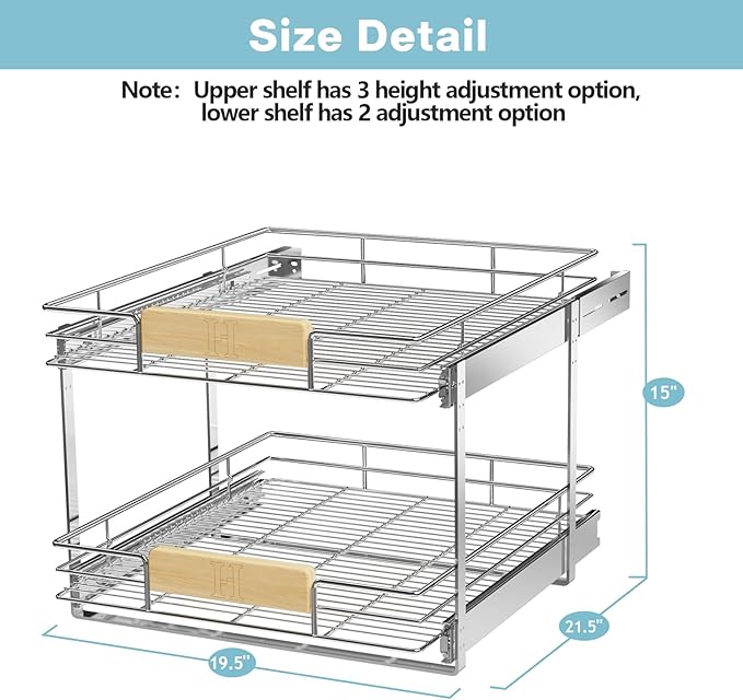 LOVMOR 2 Tier Pull Out Cabinet Organizer 19½" W x 21½" D, Slide Out Drawers with Wooden Handle, Sliding Shelves Organization and Storage for Kitchen, Pantry