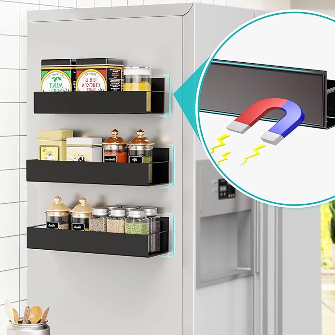 3 Pack Moveable Fridge Magnetic Spice Racks,Metal Black