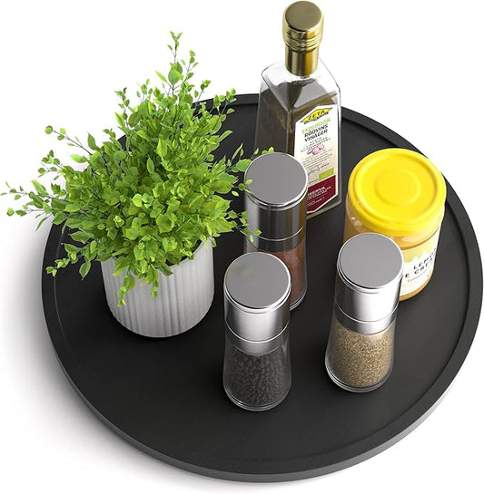 Lazy Susan Organizer Homerays 12 Inch Non-Skid Bamboo Lazy Susan for Kitchen Rotating Spice Rack for Kitchen Cabinet, Wood Turntable for Kitchen Countertop Organizer Black