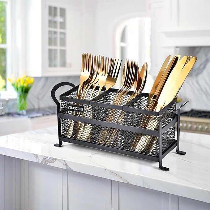 Kitchen Utensil Holder, Silverware Organizer Holder, Compact Metal Organizer for Flatware, Spoons, Forks, and Knives - 3 Separate Compartments Perfect for Kitchen Countertop- Black