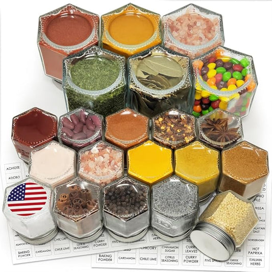 Magnetic Spice Jars Combo Pack 21 Set (6 Large 4 oz + 15 Small 2 oz) Refrigerator Hexagon Glass Spice Jar Magnetic Lid Shaker Spice Labels Magnetic Glass Spice Containers for RV Kitchen Fridge Cabinet