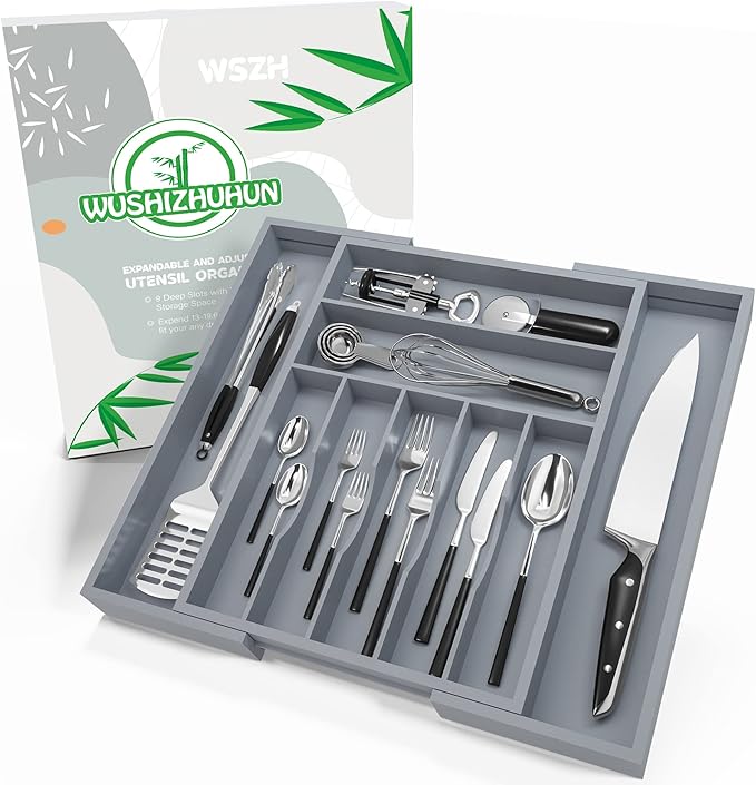 Silverware Organizer Utensil Drawer Organizer - Bamboo Cutlery Organizer Kitchen Drawer Organizer for Silverware, Utensils, Cutlery, Flatware, Knives W13.5-19.9" x L17.6 (Grey)