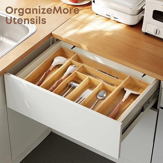 Bamboo Drawer Organizer Expandable Silverware Organizer, Drawer Dividers，Adjustable Utensils Holder Cutlery Tray for Kitchen Utensils and Flatware