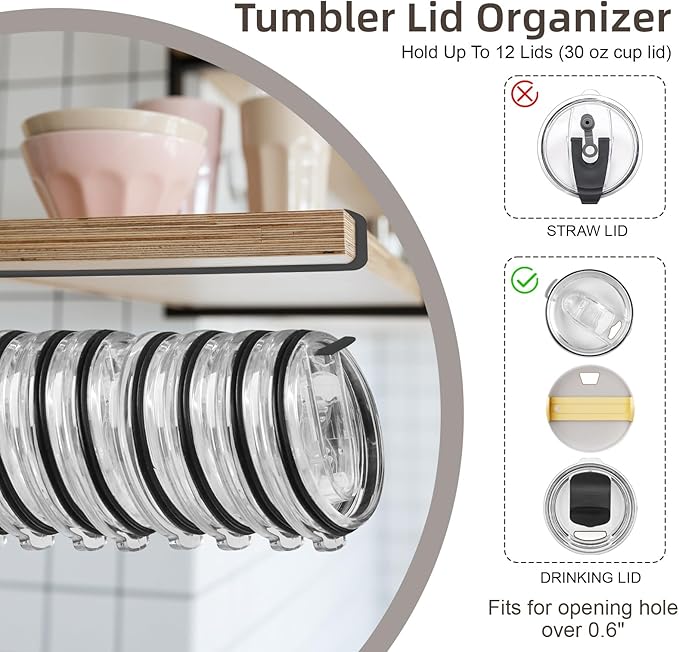 Tumbler Lid Organizer,2 Pack Cup Lid Organizer for Yeti Tumbler Lids,Single Water Bottle Lid Organizers Holds Up to 12 Lids, Space Saving Under Cabinet Lids Holder Rack,Black